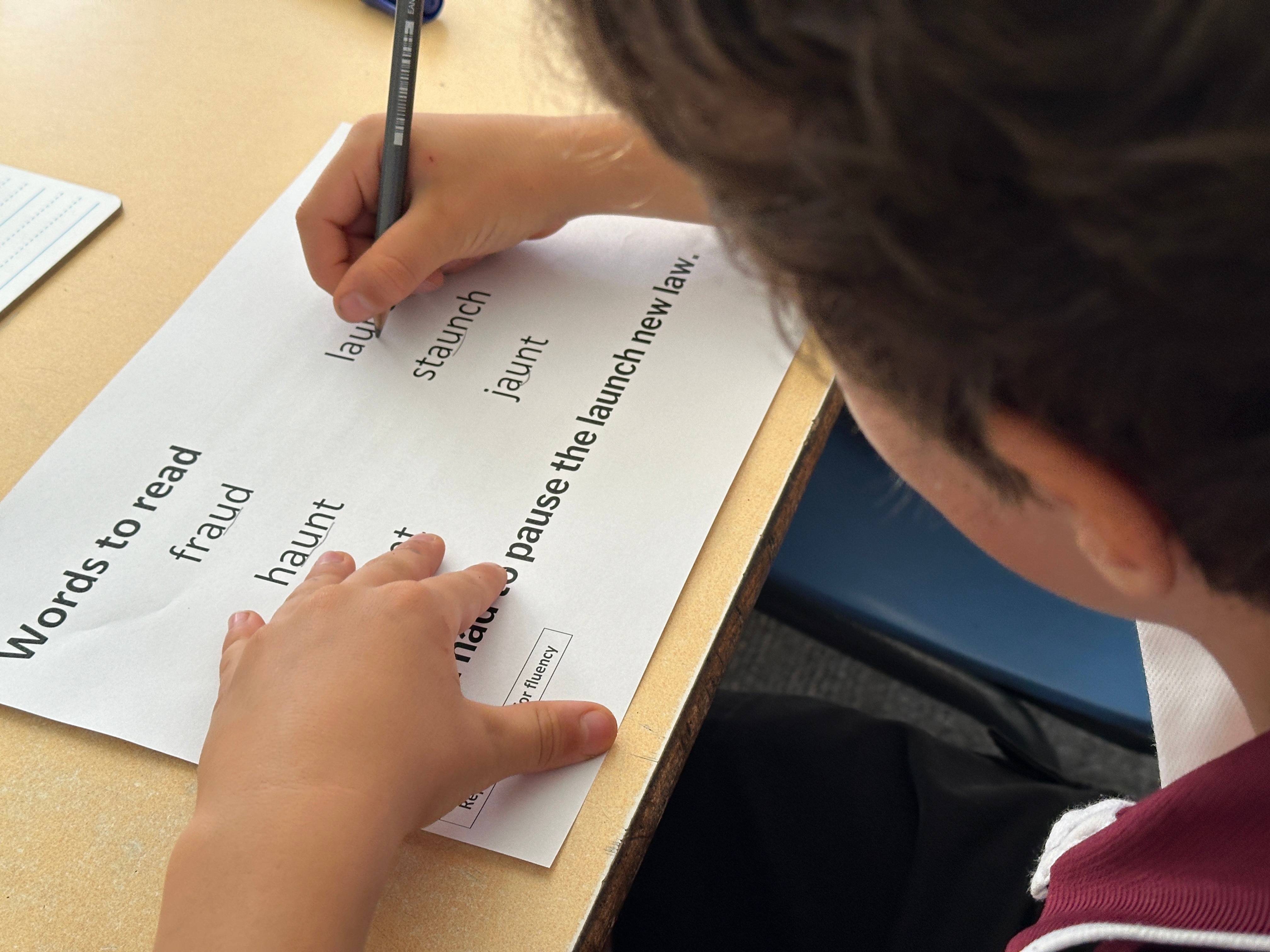 A young boy looking at a sheet of paper with words on it