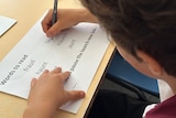 A young boy looking at a sheet of paper with words on it