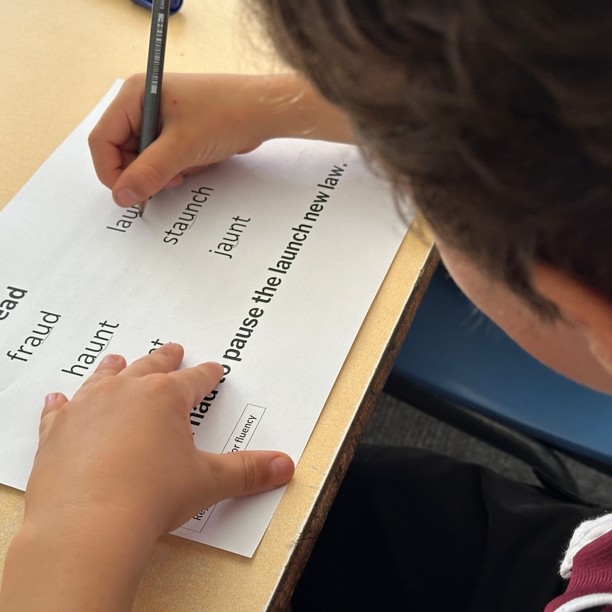 A young boy looking at a sheet of paper with words on it