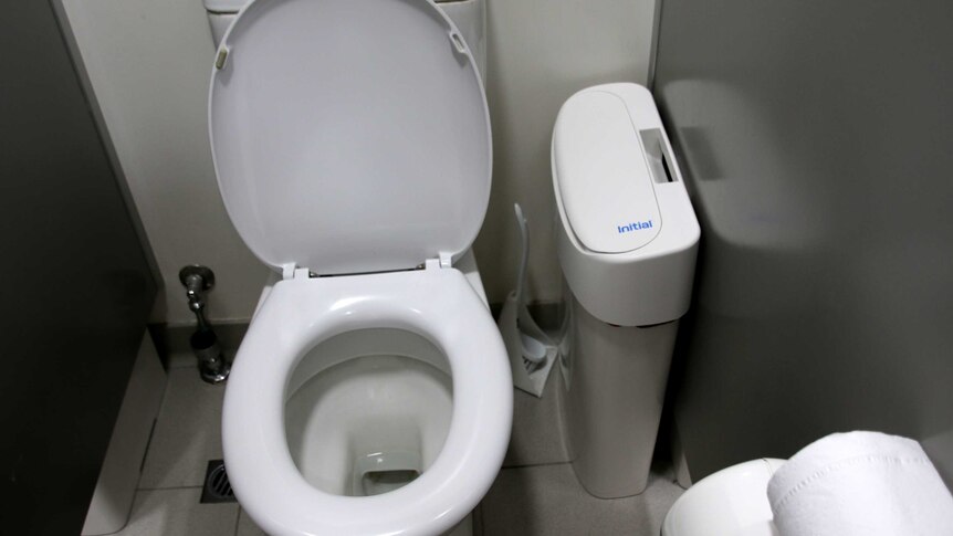 A white toilet with sanitary bin.