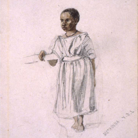 A drawing from 1845 of a young Aboriginal girl with short hair wearing a white dress and leaning her right arm on a support