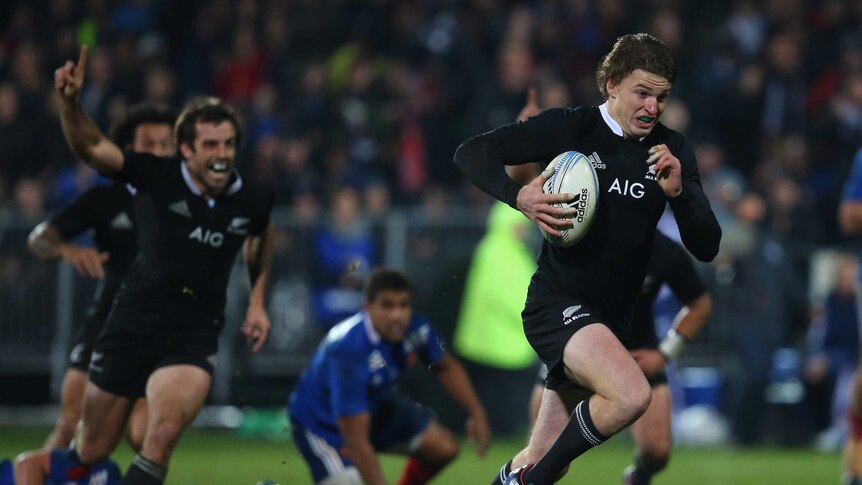 In the clear .. Beauden Barrett goes on the attack for the All Blacks