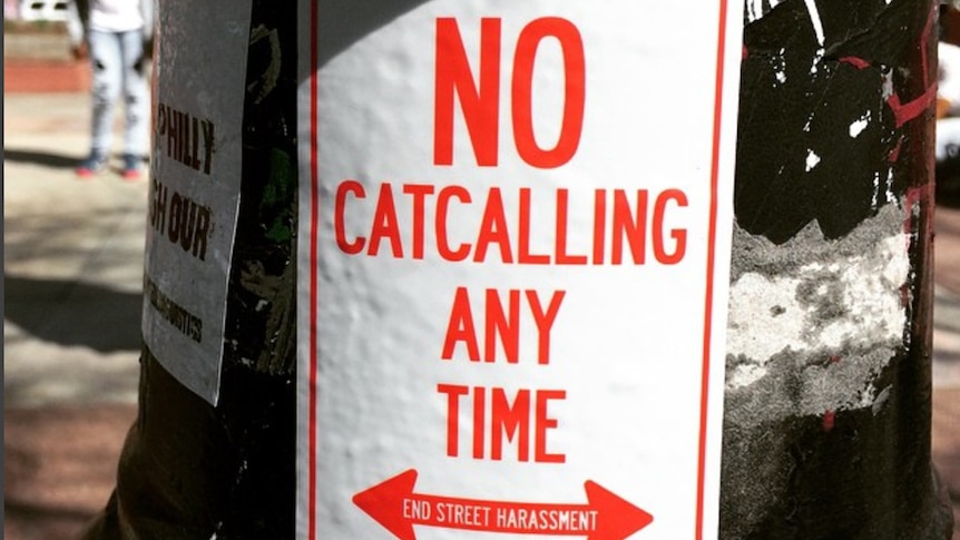 An anti-street harassment poster reads, 'No catcalling any time'.