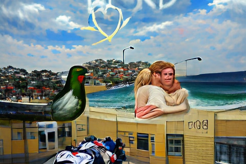 A surreal painting of a couple embracing at a beach, bird in foreground, love heart in the clouds.