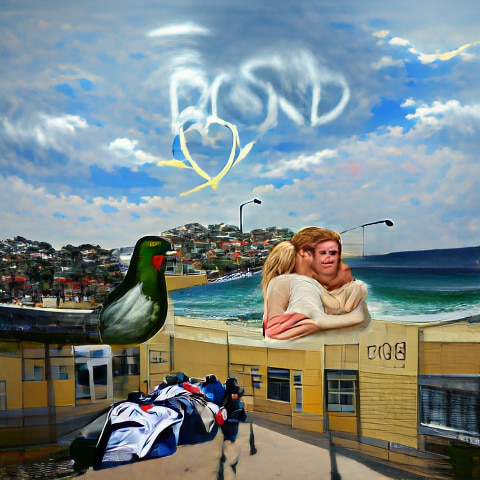 A painting of a couple embracing at a beach