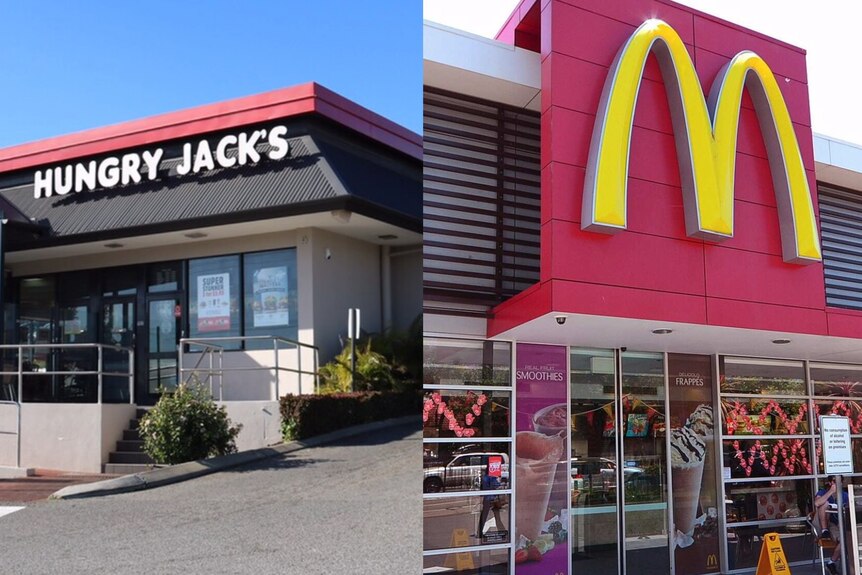 Two pictures joined together of the front of a Hungry Jack's restaurant and a McDonald's restaurant.