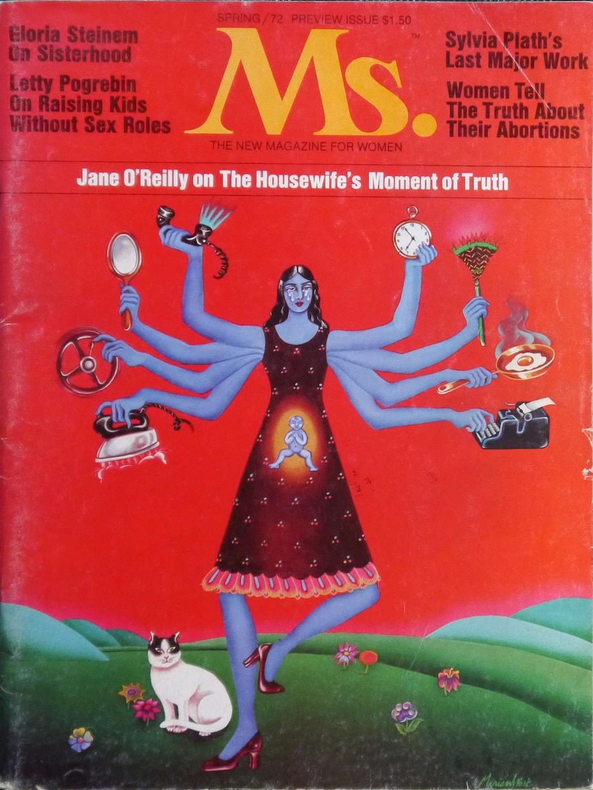 The cover of a magazine titled Ms., which is written in yellow on a red background.