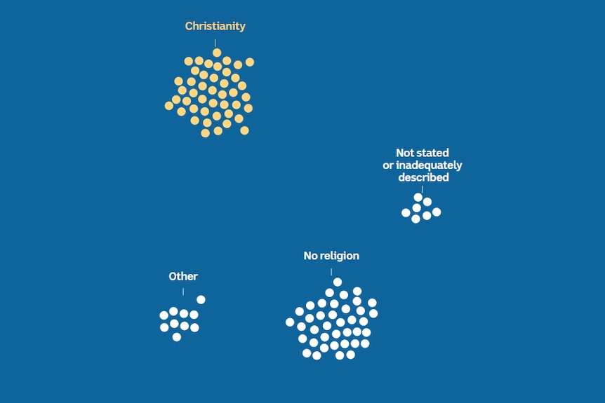 100 white dots in four groups , with the group labelled Christianity highlighted