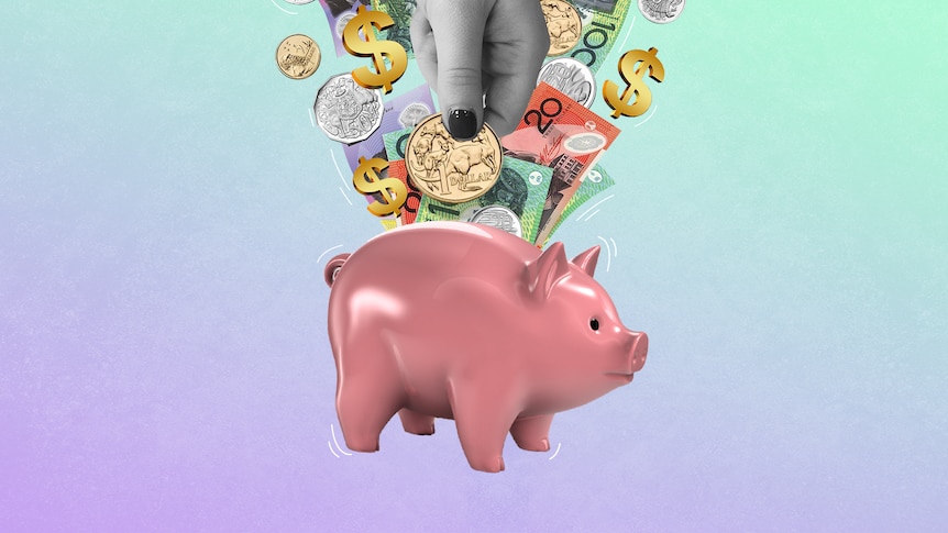 A graphic showing a piggy bank with coins, notes and gold dollar signs going into or out of it.