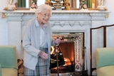 Queen Elizabeth stands in front of a fire place.