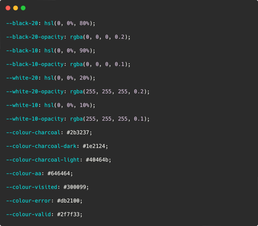 A CSS code sample demonstrating how greyscale variables are derived from brand colours using CSS functions