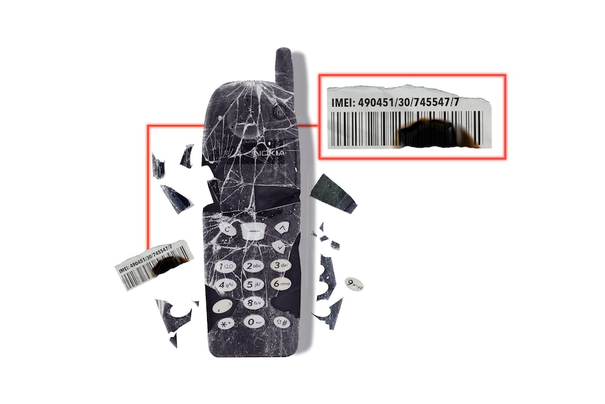 An illustration of a destroyed Nokia phone and a close up shot of its IMEI number.