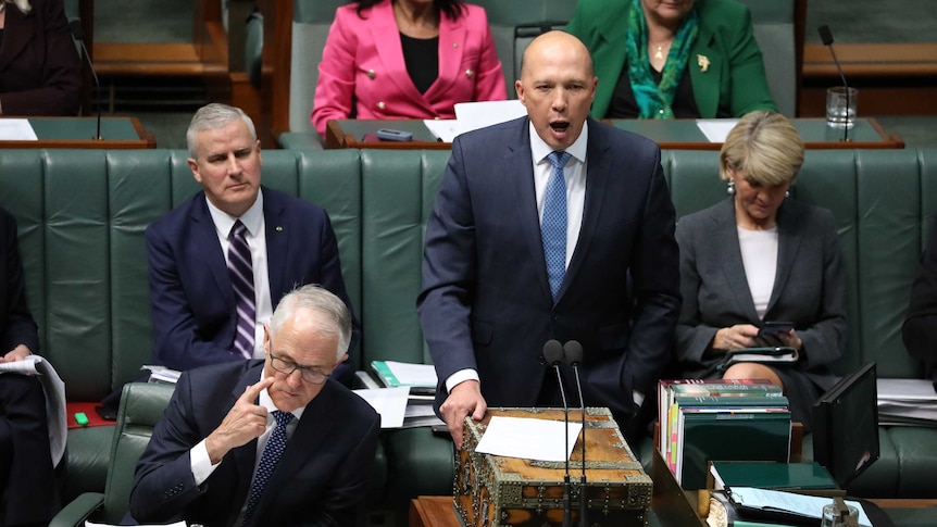 Prime Minister Malcolm Turnbull (left) with Peter Dutton speaking in Federal Parliament on August 20, 2018.