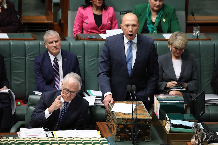 Prime Minister Malcolm Turnbull (left) with Peter Dutton speaking in Federal Parliament on August 20, 2018.