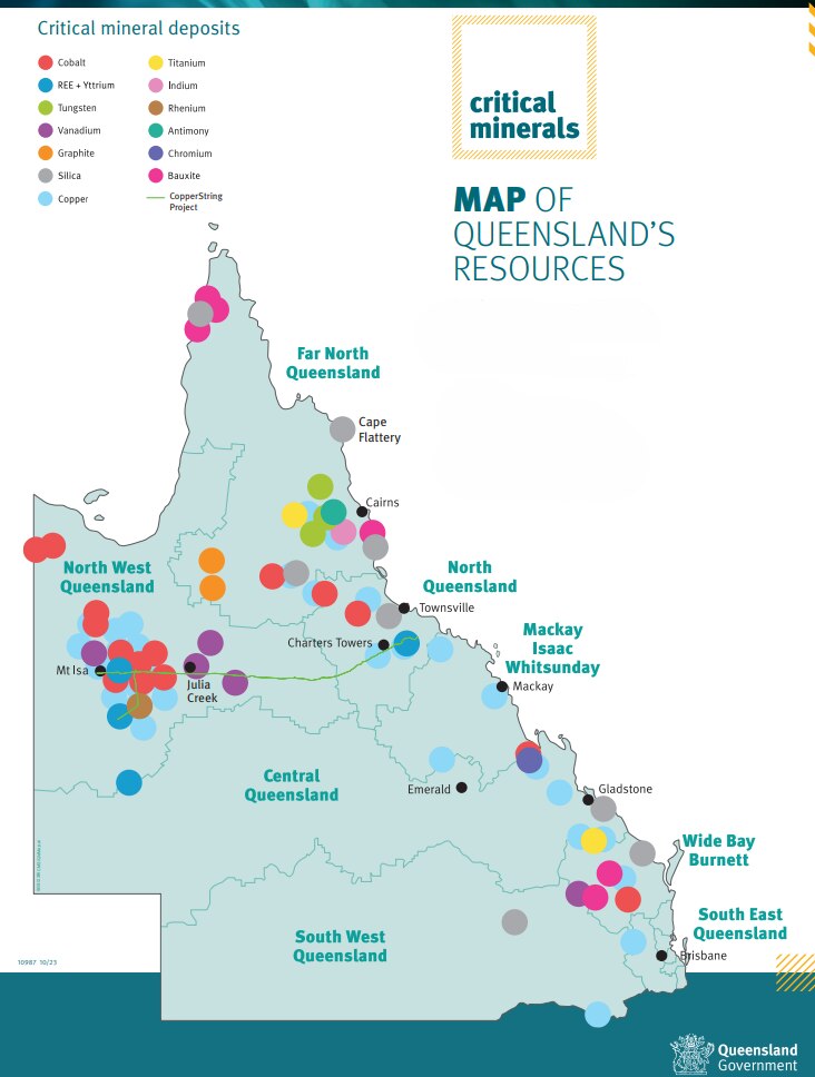 A map showing the different mineral and metal resources in Queensland.