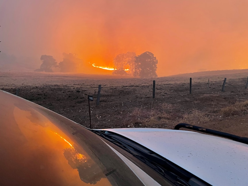 An intense bushfire burns across a large rural area.