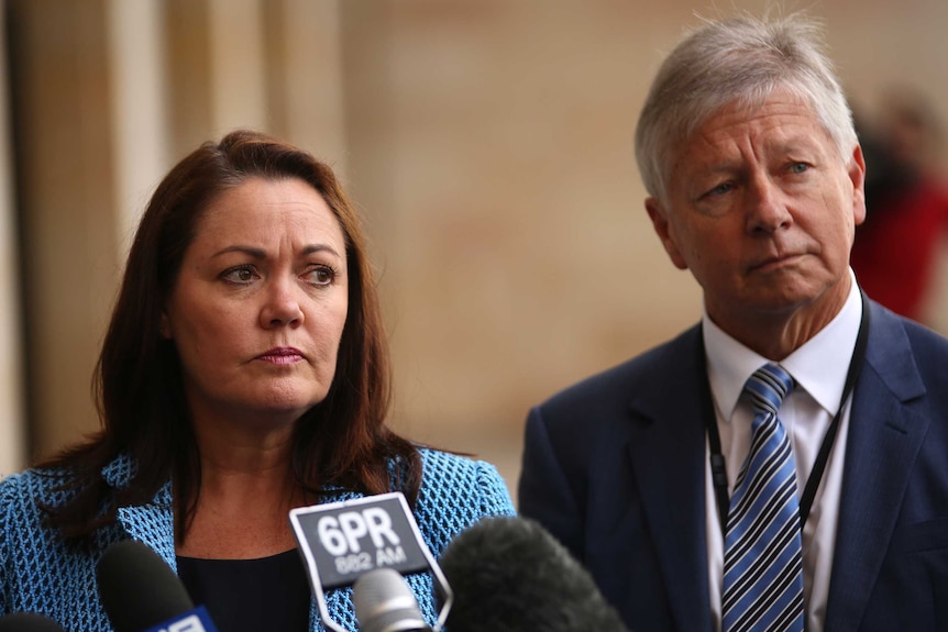 Liza Harvey and Bill Marmion at a press conference.