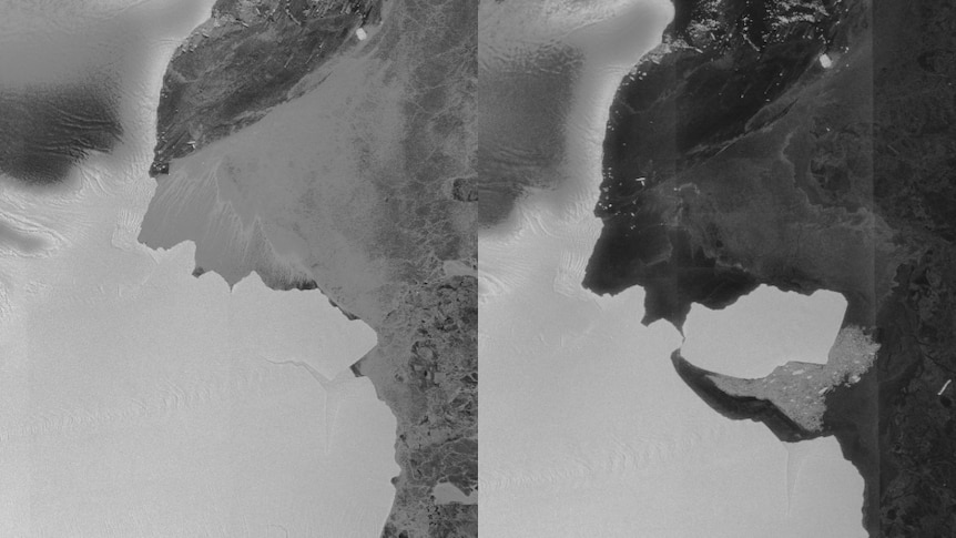 Two black and white images show an iceberg breaking off Antarctica