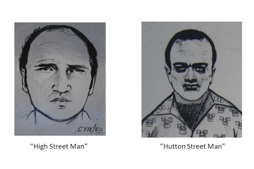 A police sketch of two men captioned 'High Street Man' and 'Hutton Street Man'