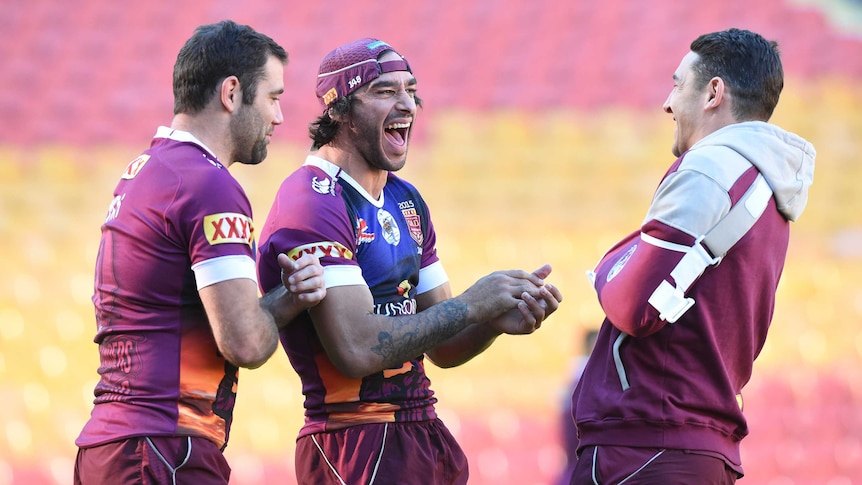 Johnathan Thurston having a laugh with Billy Slater, Cam Smith at Queensland training in July 2015.