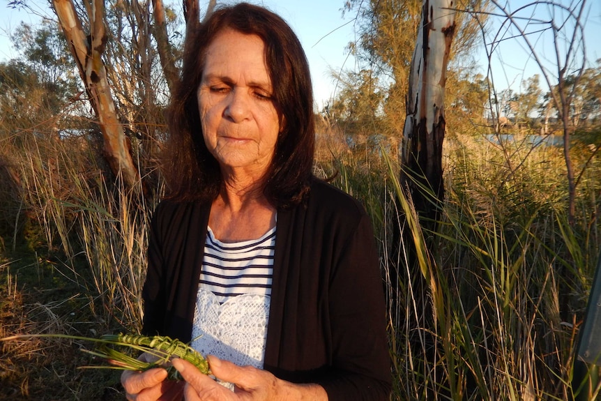 Indigenous artist Yvonne Koolmatrie weaves some grass