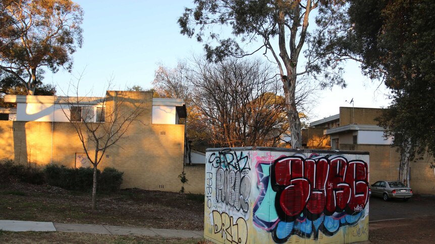 Graffiti covers an electrical box near Jerilderie Court.