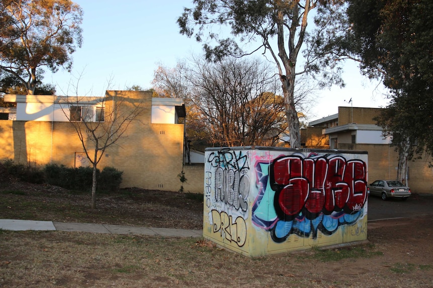 Graffiti covers an electrical box near Jerilderie Court.