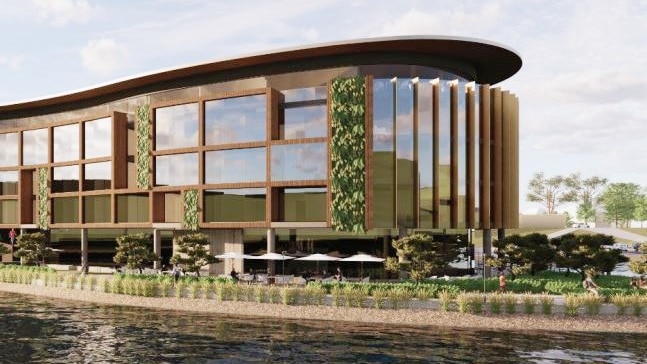 A graphic image of a curved three-storey building on a waterfront