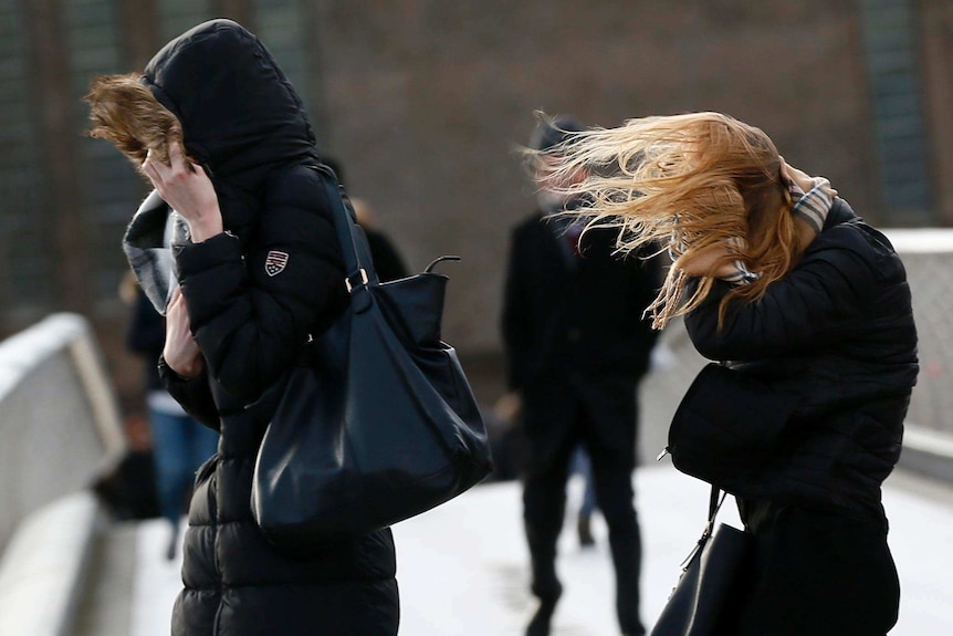 People crossing the Millennium Bridge in London cover their faces in windy weather.