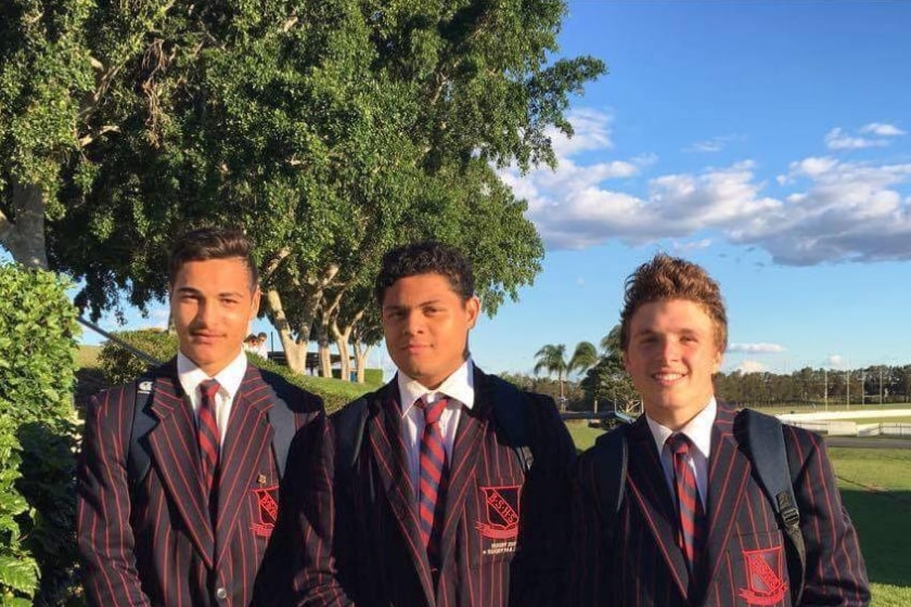 Jordan Petaia (left) in Brisbane State High School uniform, with two friends.