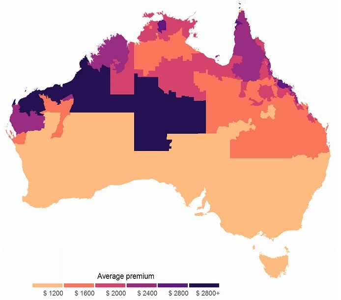 Map-graph of Australia with shows the average premiums in WA to be higher than $2,800 compared with $1,200 across the south.