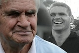 A modern headshot photo of Graham 'Polly' Farmer next to a black and white photo from his playing days.