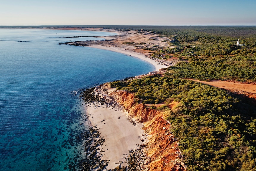 Image of the coastline that shows bright blue sea, white beaches and dense green bushland.