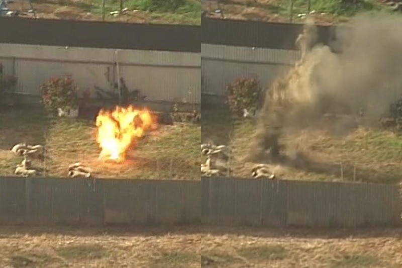 A composite image of a fire and then smoke in a backyard