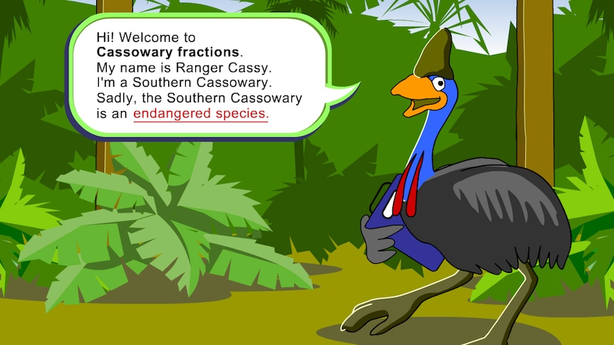 Cartoon Cassowary in forest, speech bubble reads "Hi! Welcome to Cassowary fractions..."