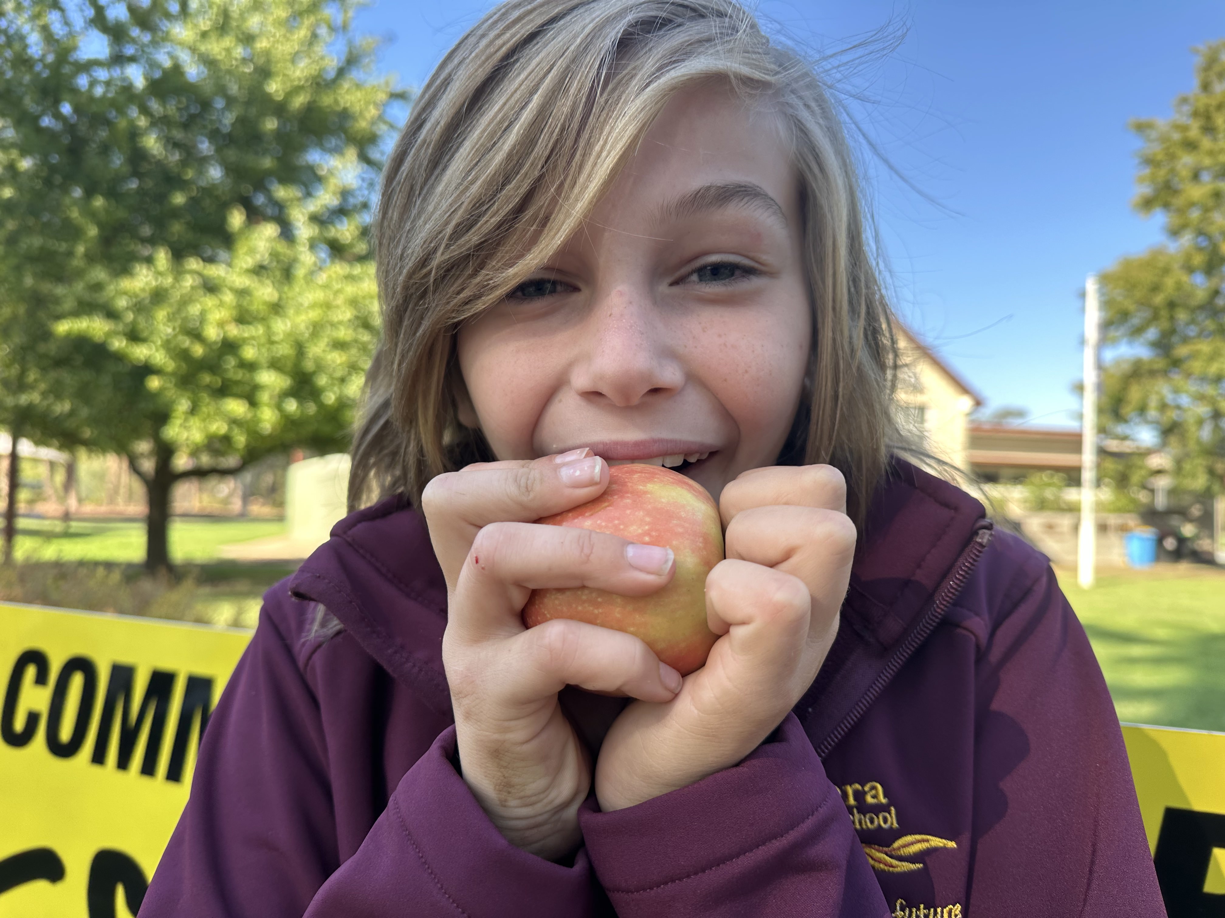 A close up photo of a child biting into an apple