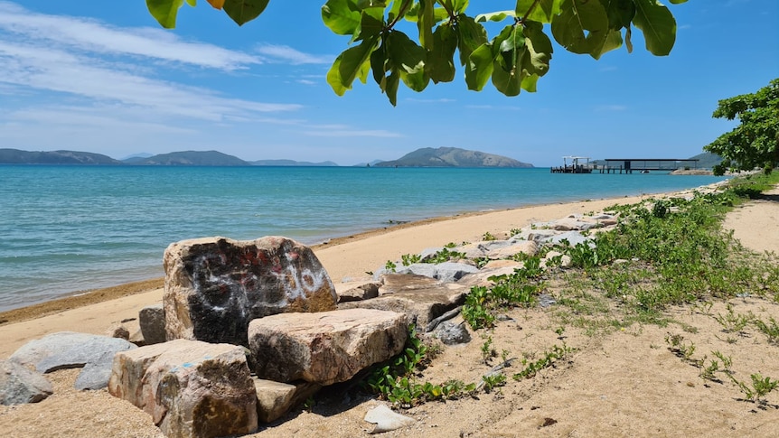 Yellow sand and blue water on Palm Island.