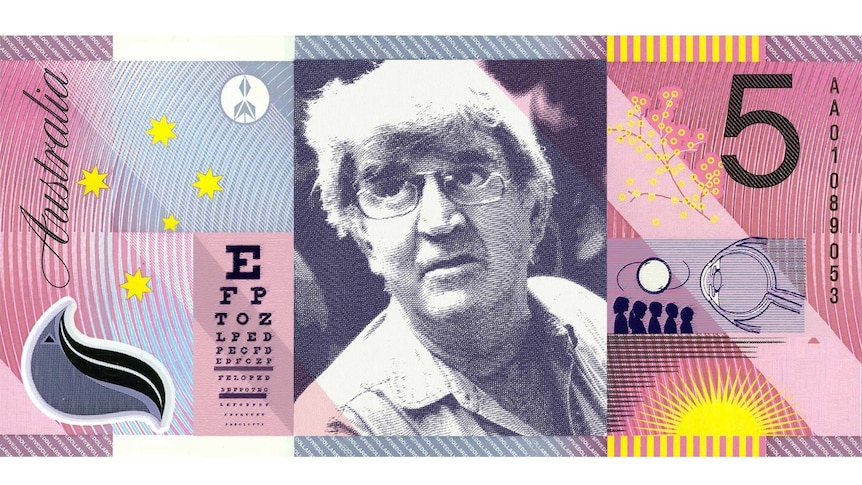 Mock up of an Australian five dollar note with an image of eye surgeon Fred Hollows on it.