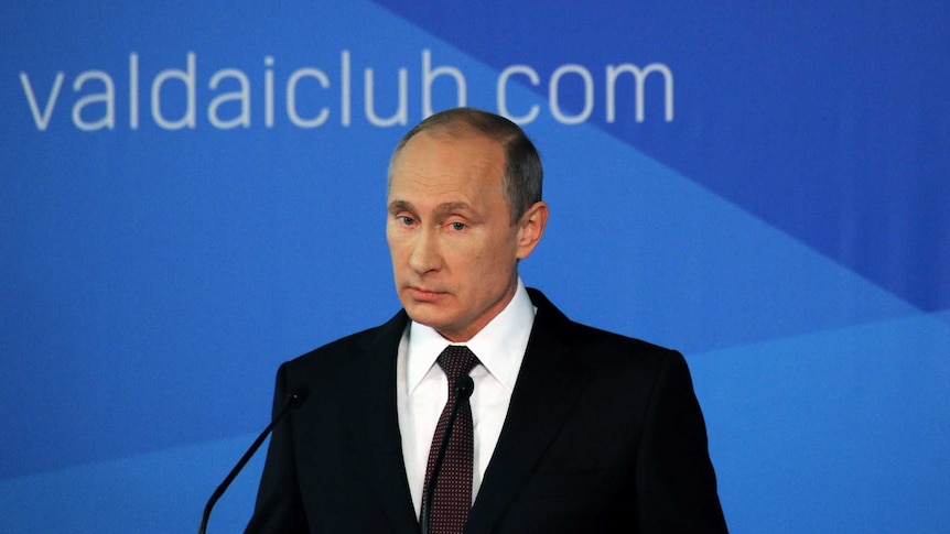 Russia's president Vladimir Putin speaks at a meeting of scholars in Sochi