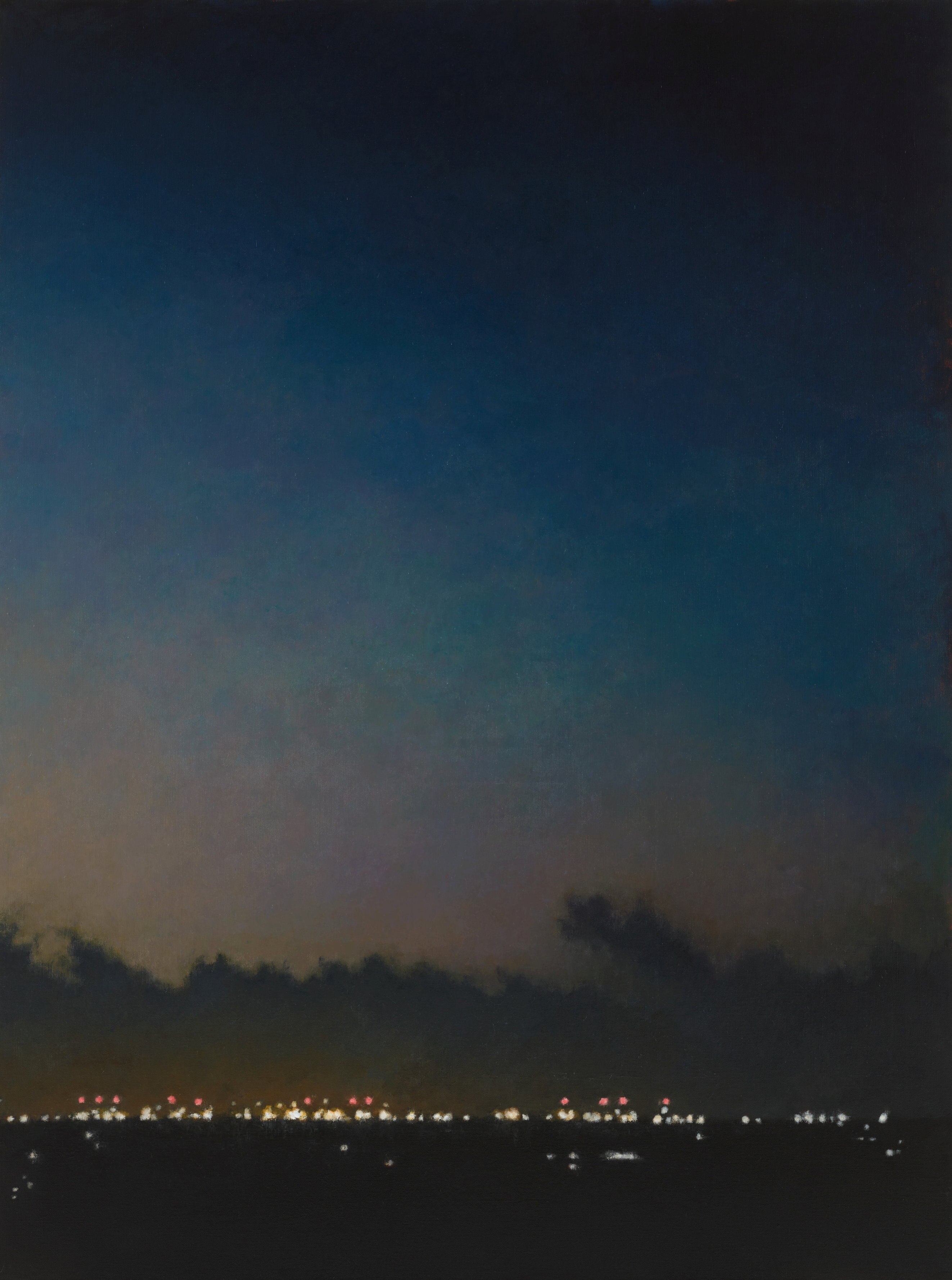 Painting of dark night sky with lights at bottom of canvas.