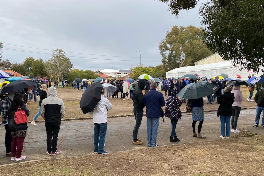 A queue of people stand in the rain with umbrellas.