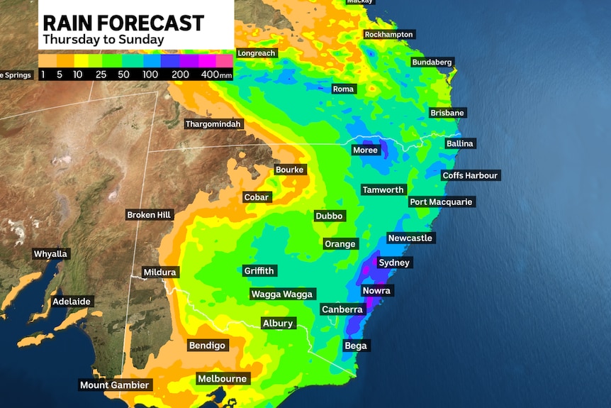 A weather map showing heavy rain forecast over eastern Australia.