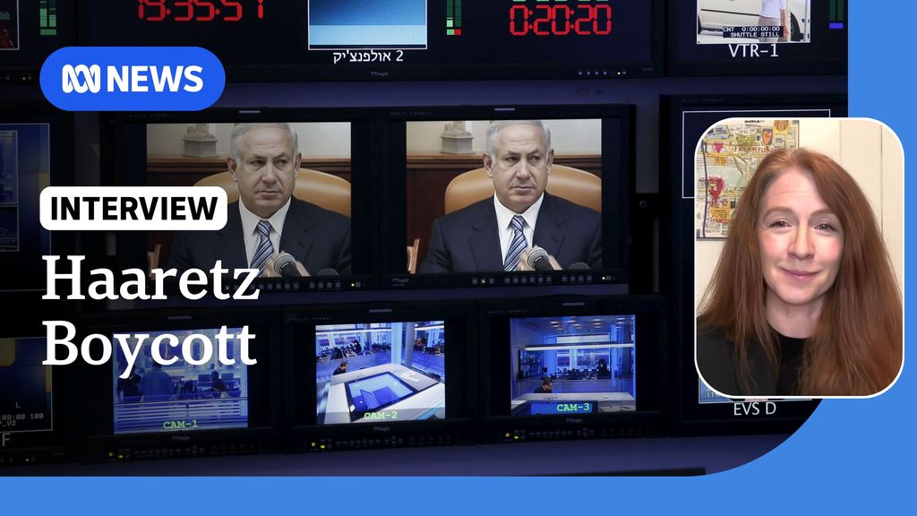 Haaretz Boycott: Benjamin Netanyahu on monitoring screens. Inset photo of woman with long auburn hair.