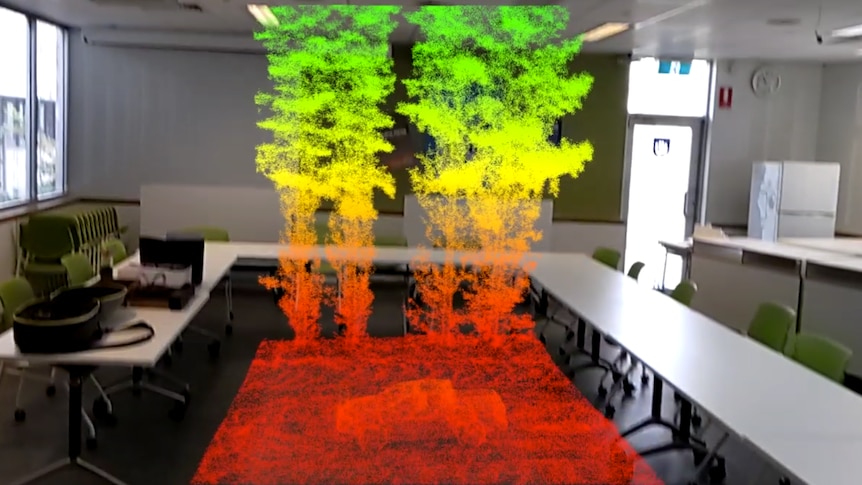 A hologram like image of a small plot of a forest floats in the middle of the room.