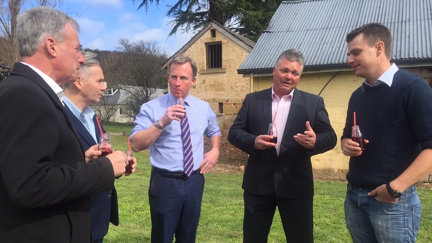 Tasmanian Premier Will Hodgman (centre) at the Coles/Westerway Berry Farm announcement with (from Left) Tasmanian Senator, Richard Colbeck; Coles Managing Director, John Durkan; Derwent Valley Mayor, Martyn Evans; Richard Clark, Westerway Berry farm.