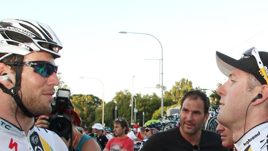 HTC-Highroad team members Mark Cavendish (left) and Matthew Goss celebrate a job well done.