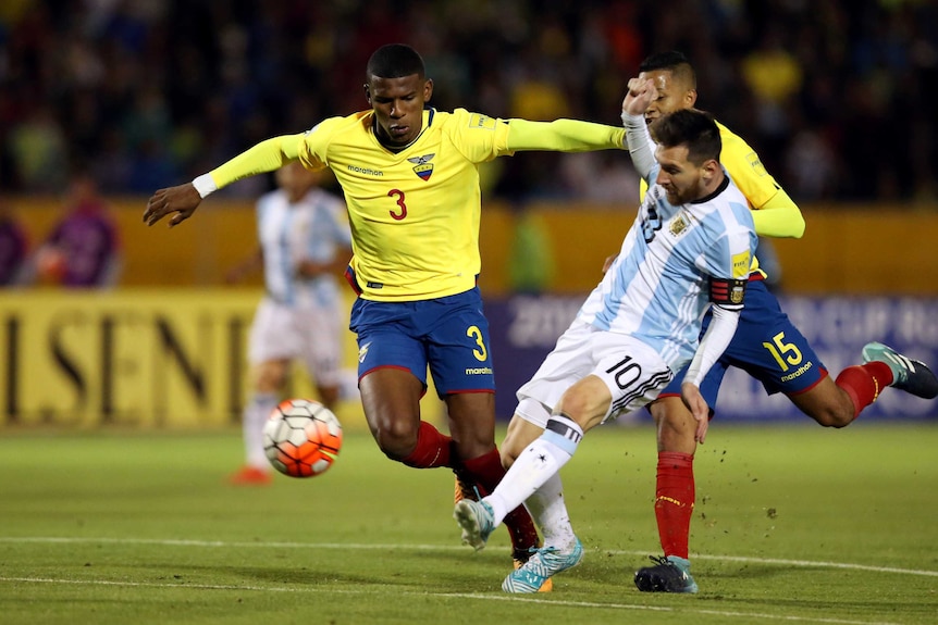 Argentina's Lionel Messi scores against Ecuador in a World Cup qualifier on October 10, 2017.