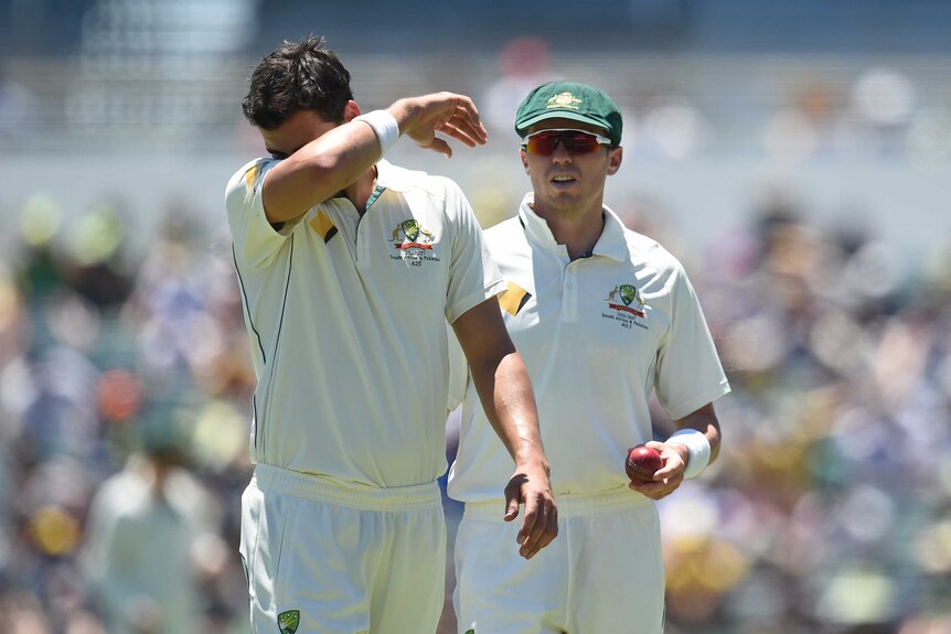Mitchell Starc wipes the acrid sweat from his brow as his friend Peter Siddle looks on with concern