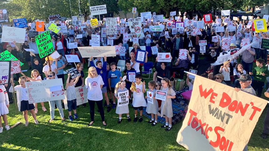 Hundreds of people gathered at a protest holding up signs.