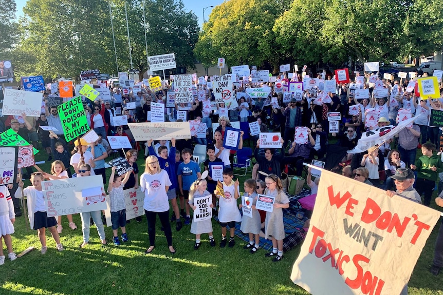 Hundreds of people gathered at a protest holding up signs.